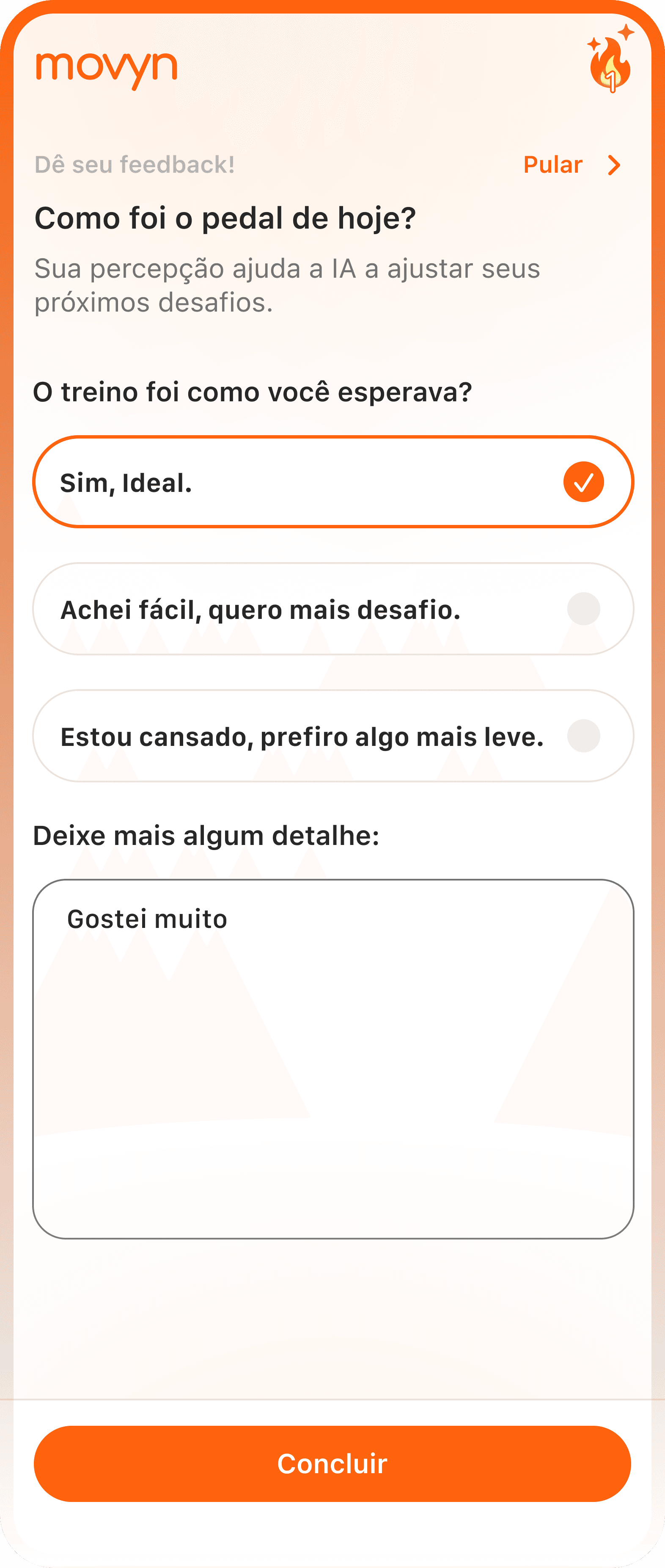 Feedback do treino no app Movyn