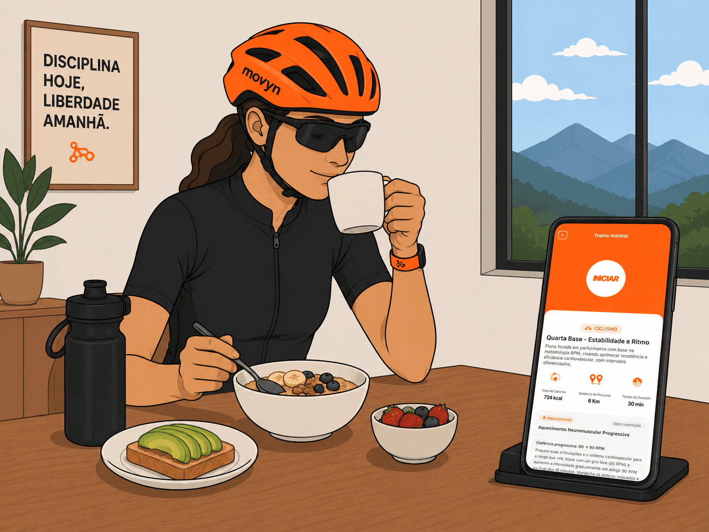Ciclista tomando café enquanto a Movyn entrega o treino do dia