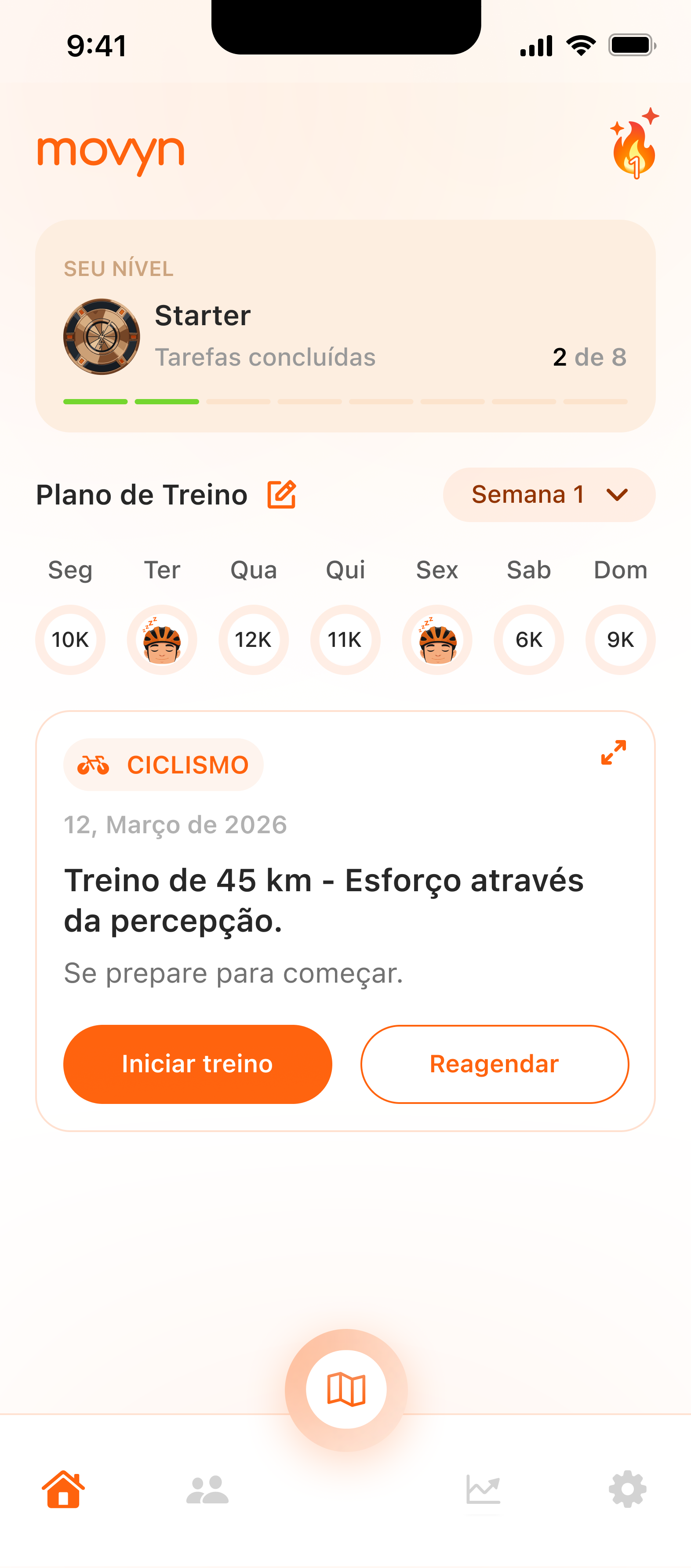 Tela do app Movyn — plano de treino calibrado pela IA
